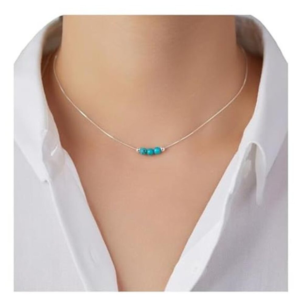Dainty Turquoise Crystal 925 Sterling Silver Choker Collar Necklace and Women